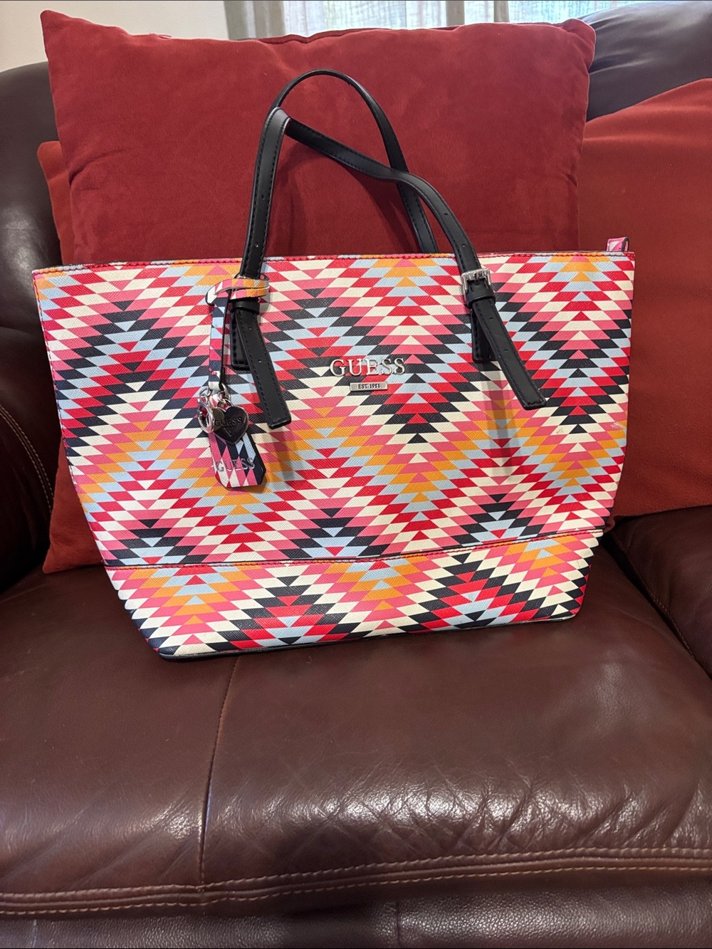 GUESS Geometric Print Tote in Pink, Black & Yellow